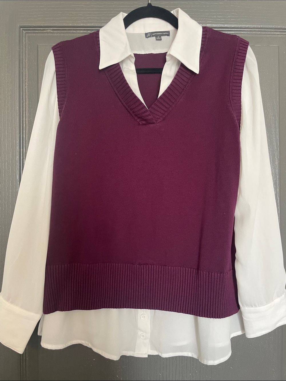 Adrianna Papell Plum V-Neck Sweater Vest with White Blouse Layer
